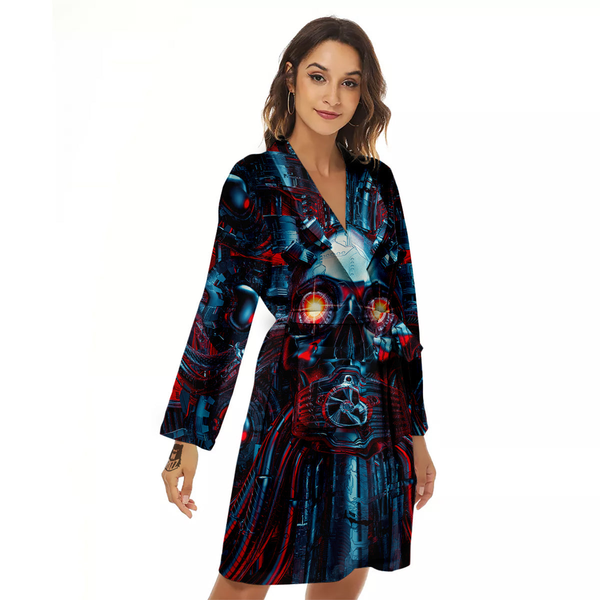 Red Machine Robot Print Women's Robe-grizzshop