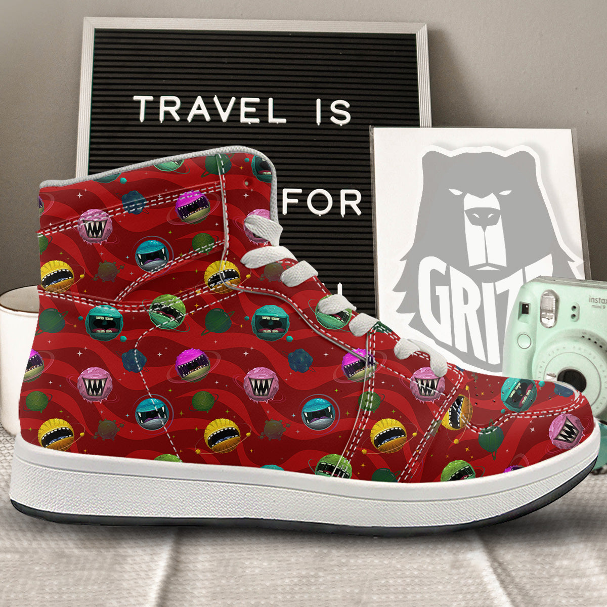 Red Monster Planets Print Pattern High Top Sneakers-grizzshop
