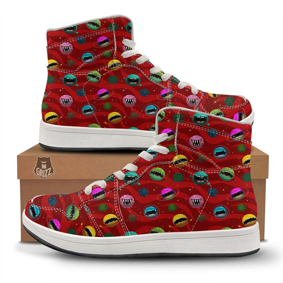 Red Monster Planets Print Pattern High Top Sneakers-grizzshop