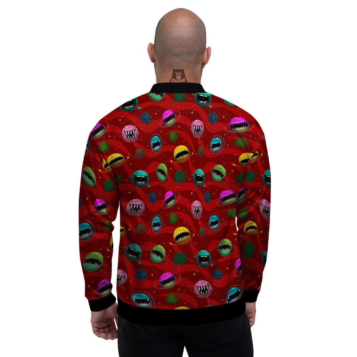 Red Monster Planets Print Pattern Men's Bomber Jacket-grizzshop