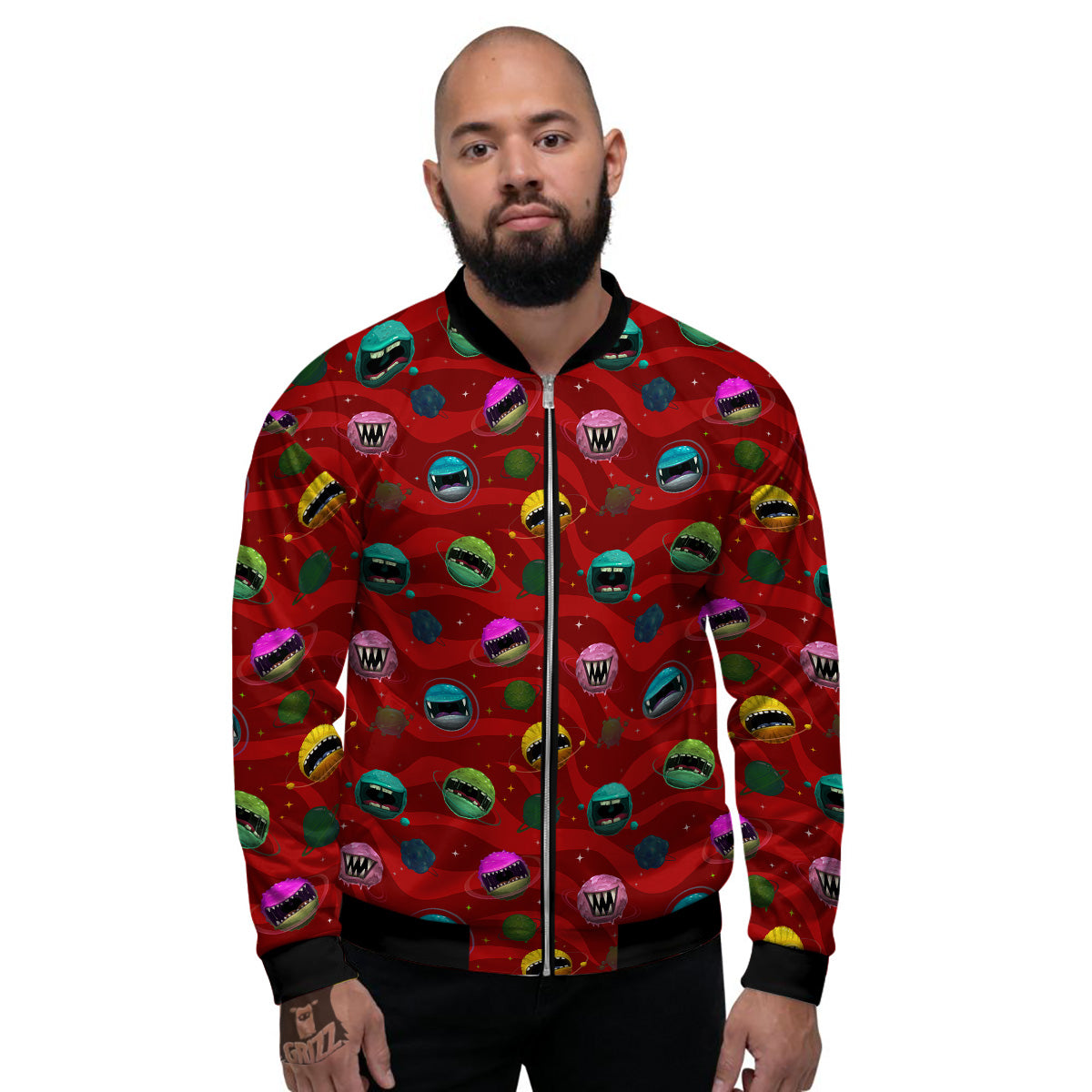 Red Monster Planets Print Pattern Men's Bomber Jacket-grizzshop