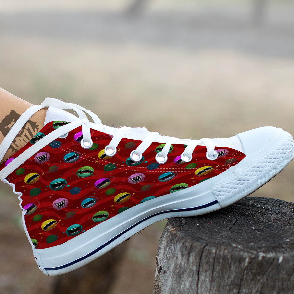 Red Monster Planets Print Pattern White High Top Shoes-grizzshop