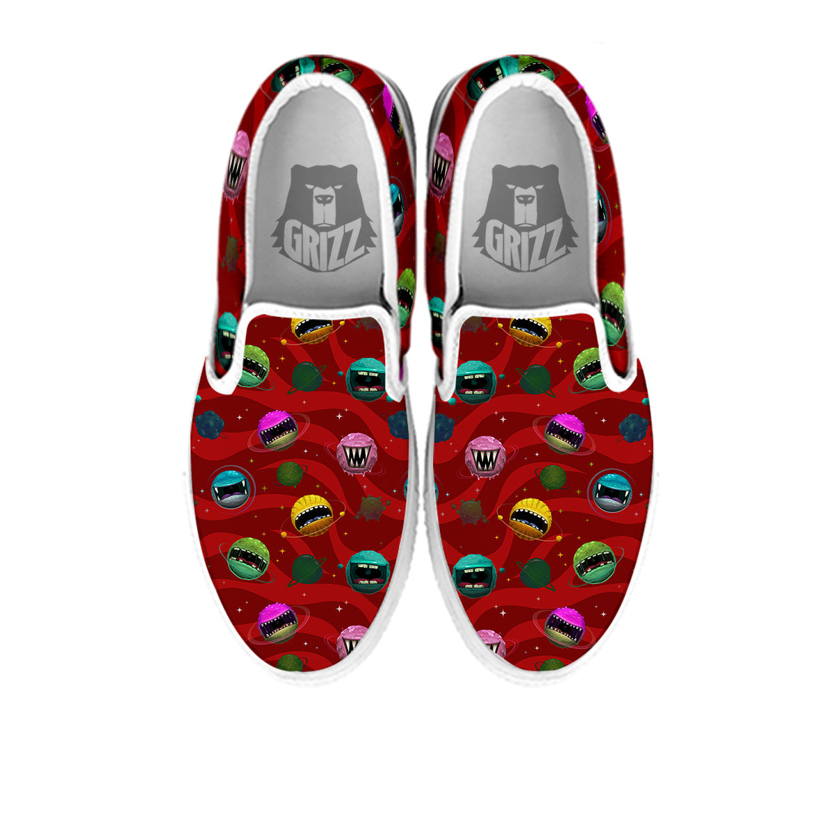 Red Monster Planets Print Pattern White Slip On Shoes-grizzshop