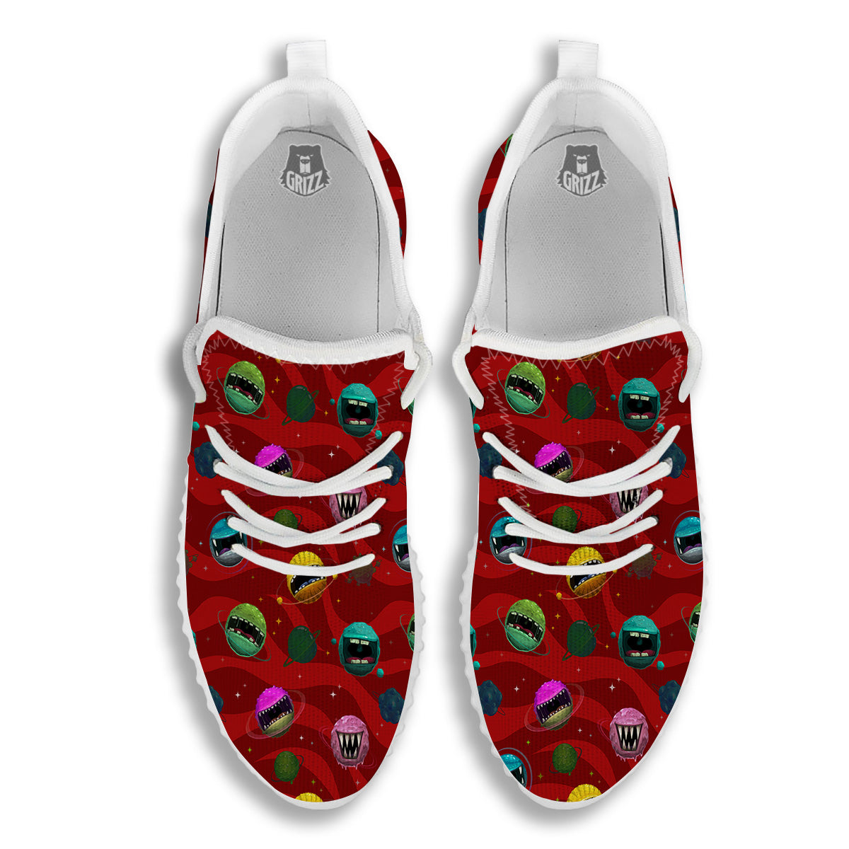 Red Monster Planets Print Pattern White Walking Shoes-grizzshop
