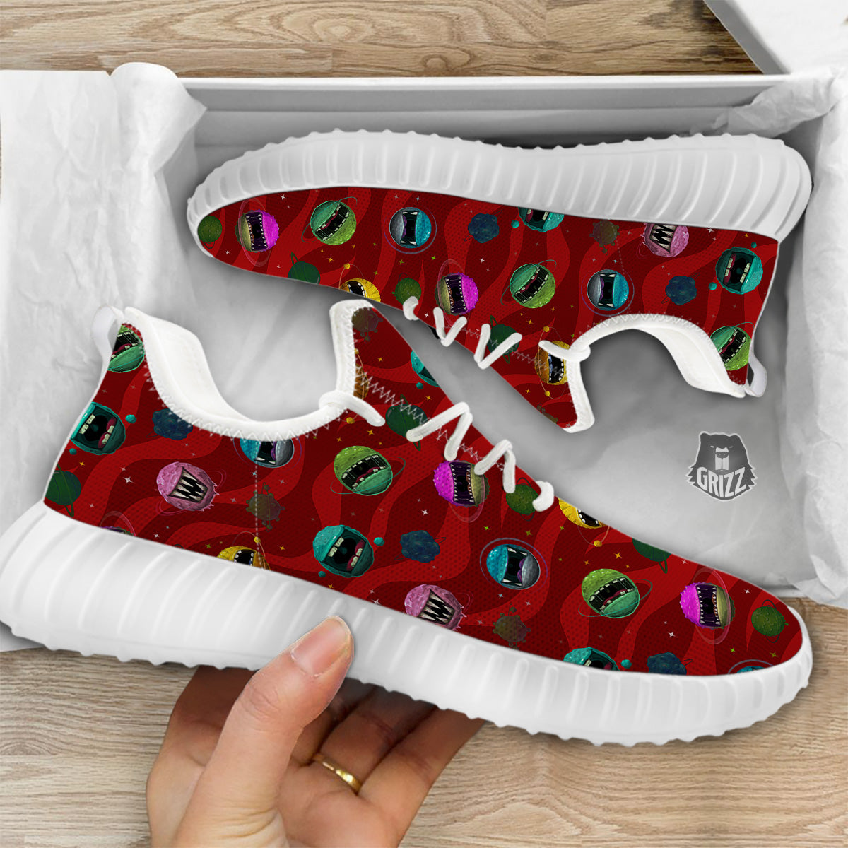 Red Monster Planets Print Pattern White Walking Shoes-grizzshop