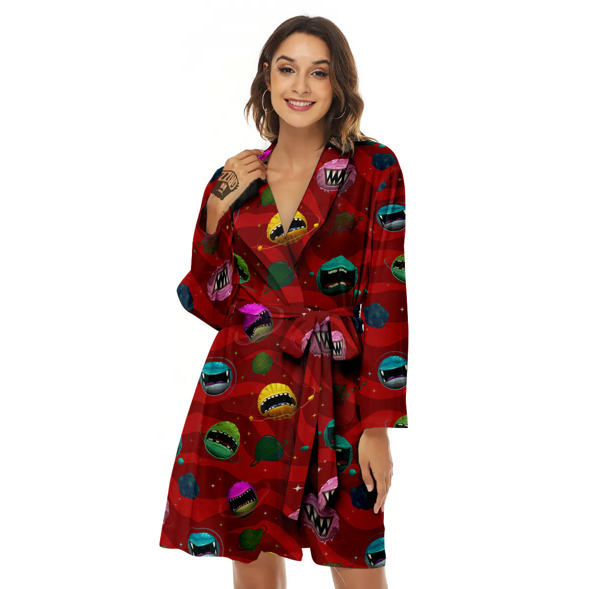 Red Monster Planets Print Pattern Women's Robe-grizzshop