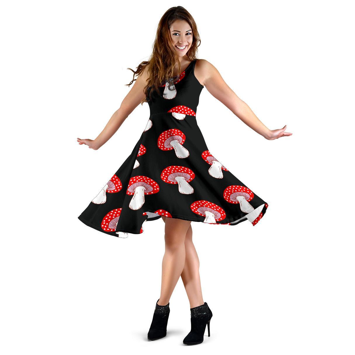 Red Mushroom Dot Print Pattern Dress-grizzshop
