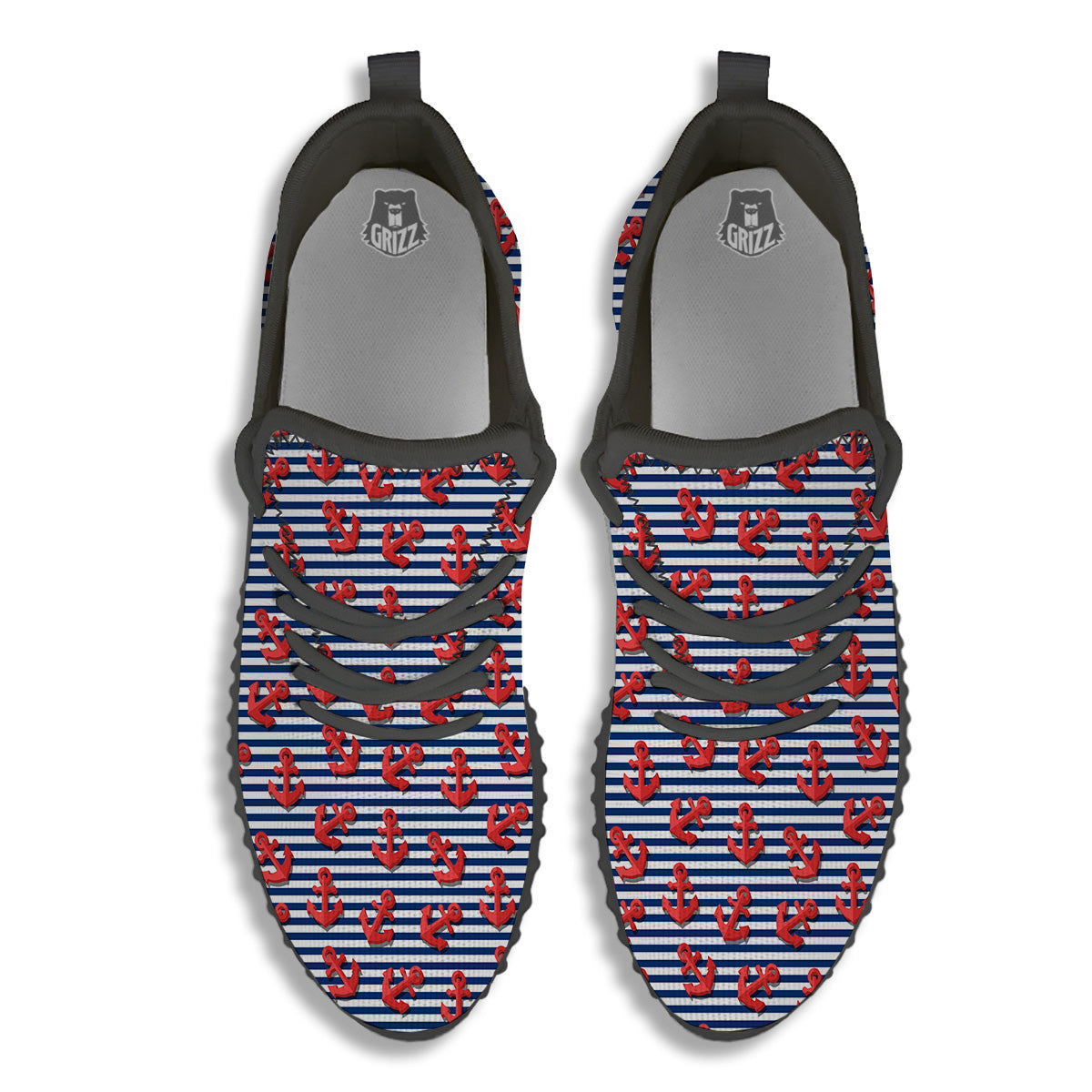 Red Nautical Anchor Blue Striped Print Black Walking Shoes-grizzshop