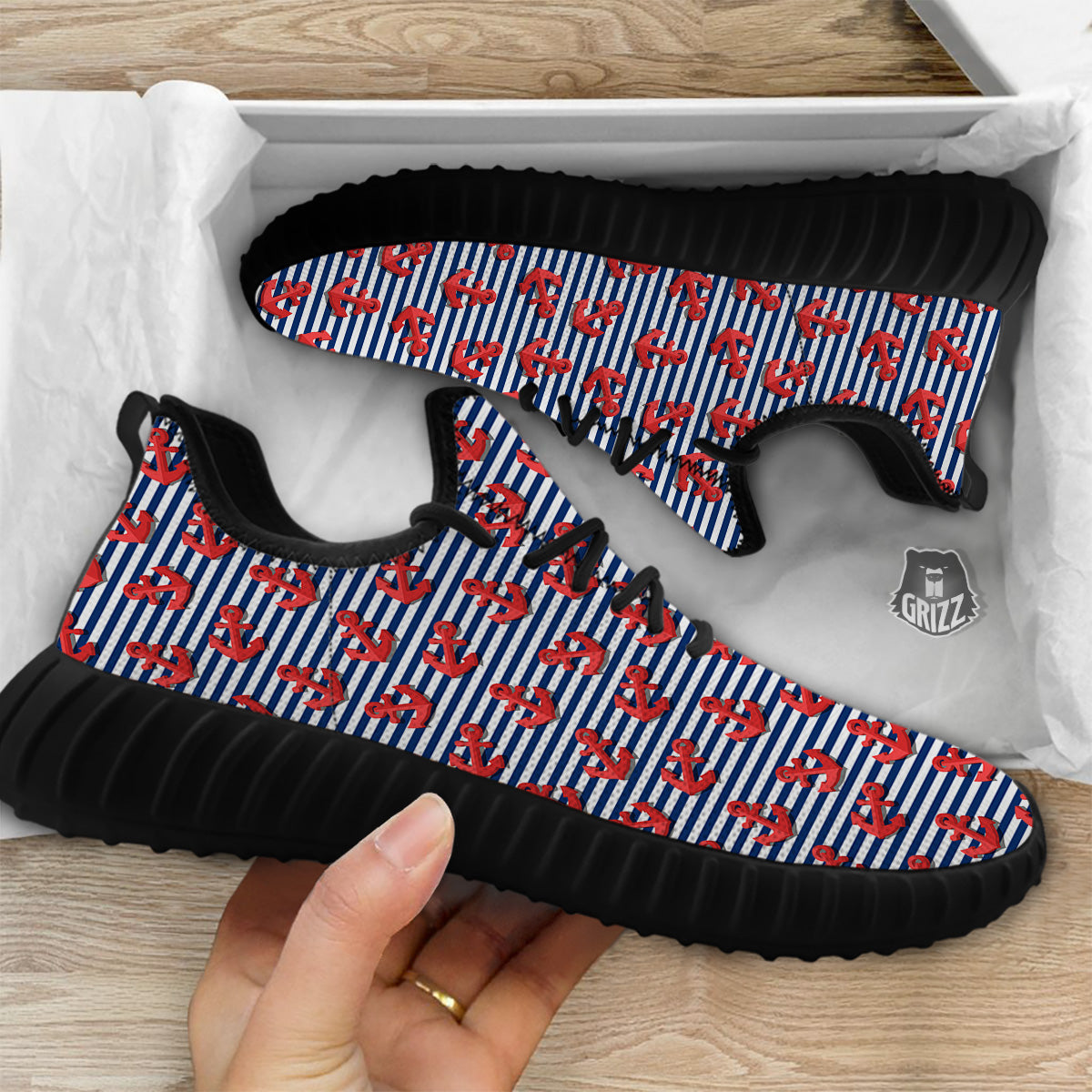 Red Nautical Anchor Blue Striped Print Black Walking Shoes-grizzshop