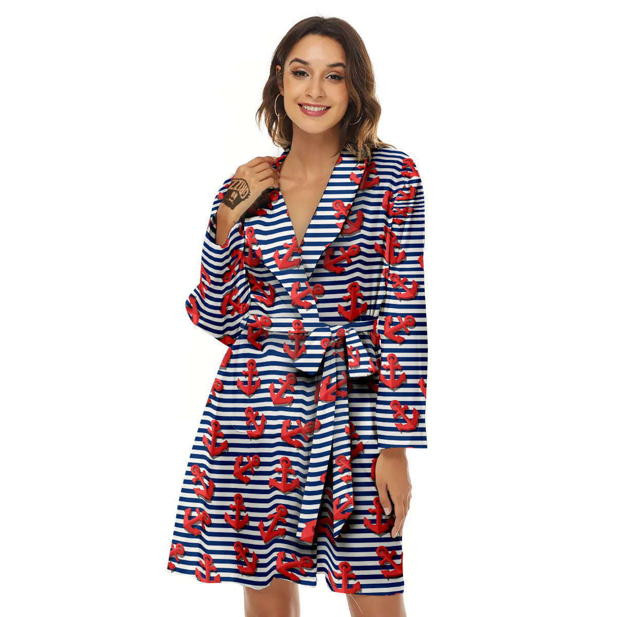 Red Nautical Anchor Blue Striped Print Women's Robe-grizzshop