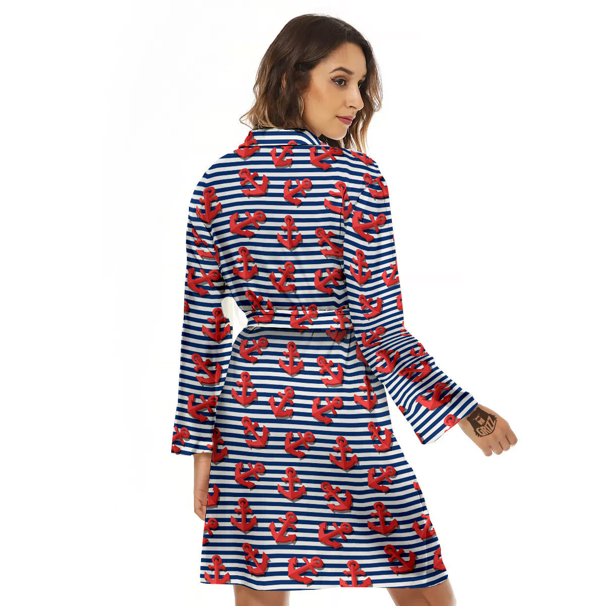 Red Nautical Anchor Blue Striped Print Women's Robe-grizzshop