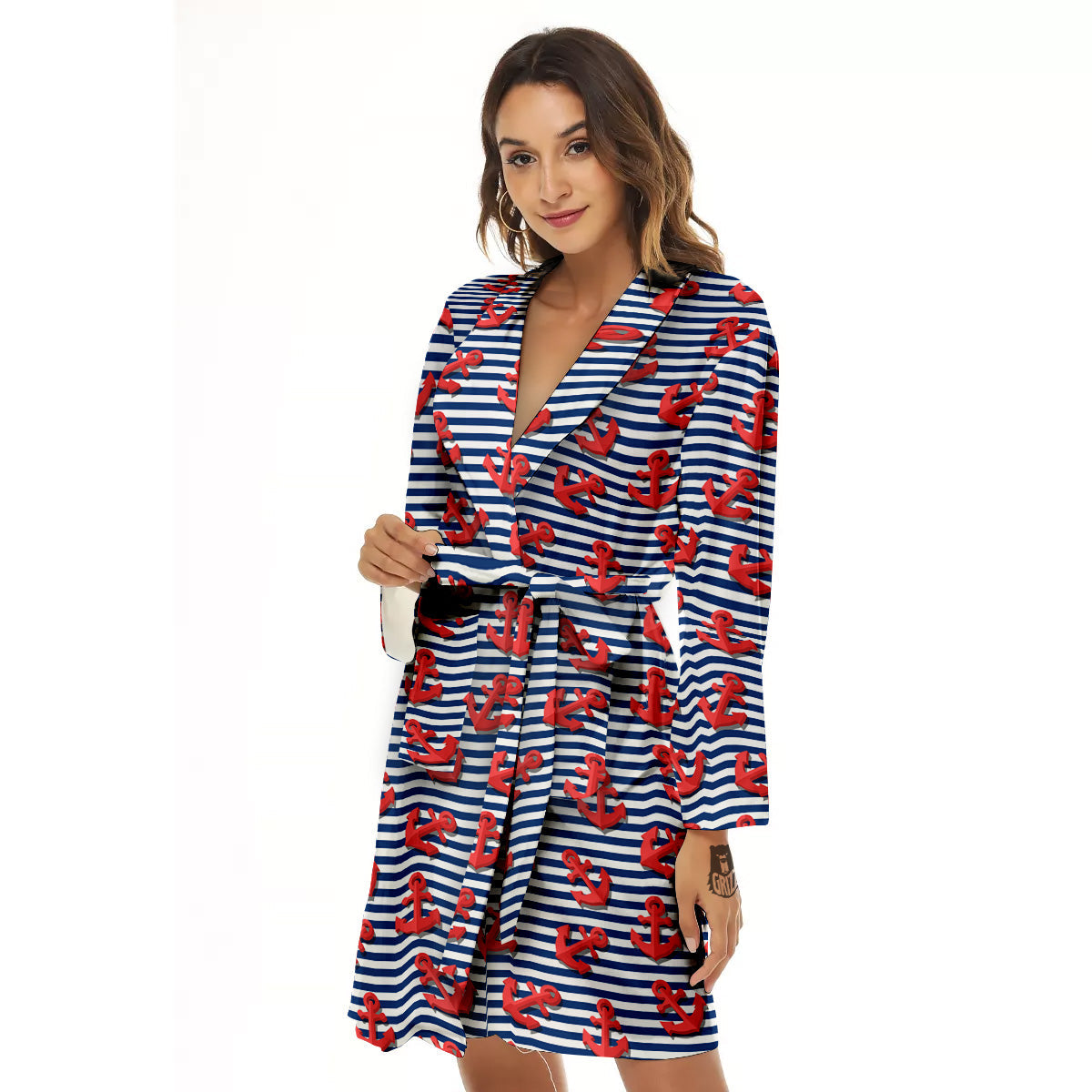 Red Nautical Anchor Blue Striped Print Women's Robe-grizzshop