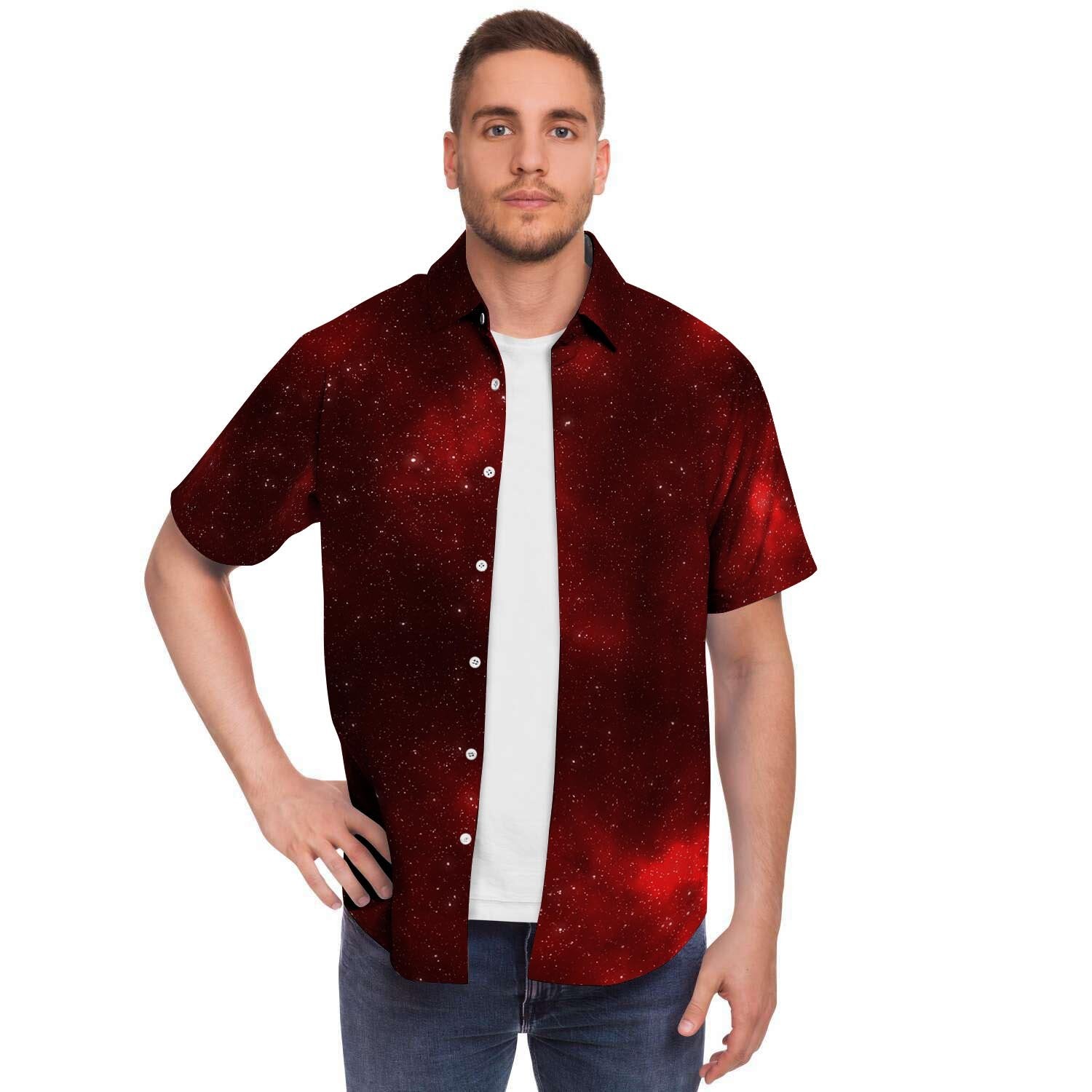 Red Nebula Galaxy Space Men's Short Sleeve Shirt-grizzshop
