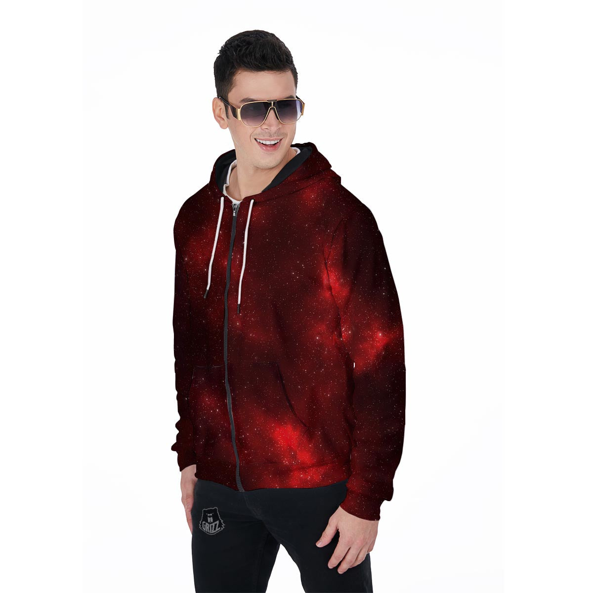 Red Nebula Galaxy Space Men's Zip Up Hoodie-grizzshop