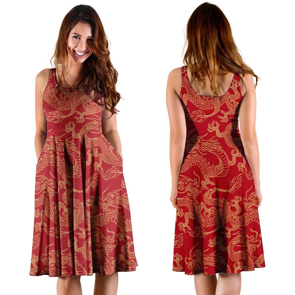 Red Oriental Chinese Dragon Dress-grizzshop