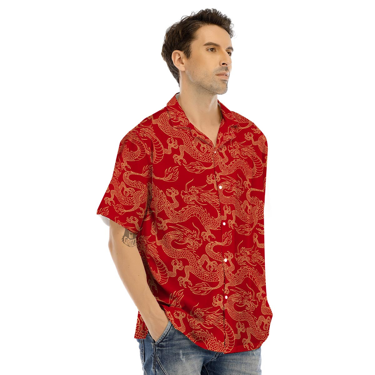Red Oriental Chinese Dragon Men’s Hawaiian Shirt-grizzshop