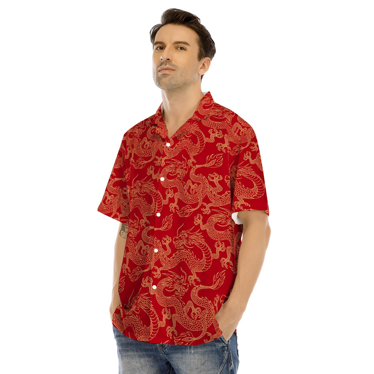 Red Oriental Chinese Dragon Men’s Hawaiian Shirt-grizzshop