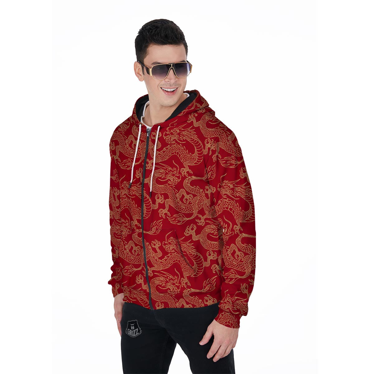 Red Oriental Chinese Dragon Men's Zip Up Hoodie-grizzshop