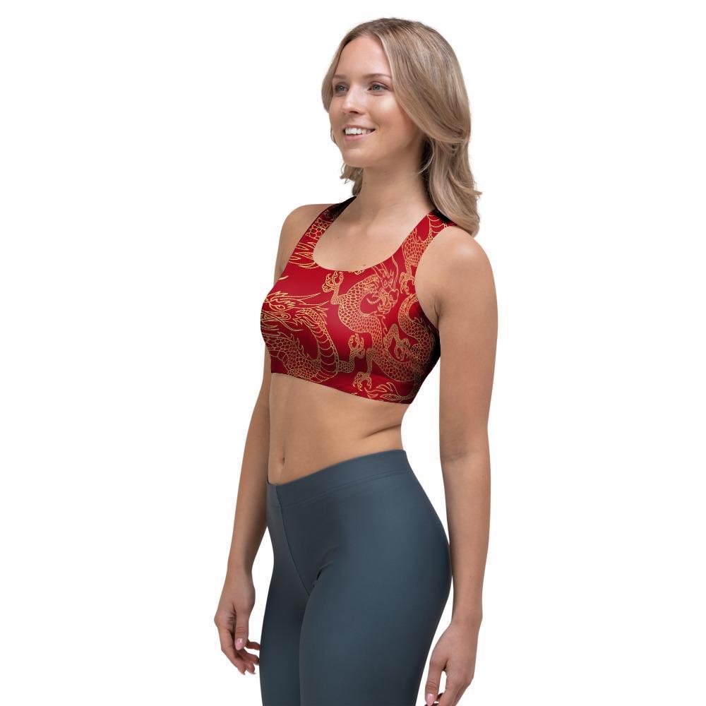 Red Oriental Chinese Dragon Sports Bra-grizzshop