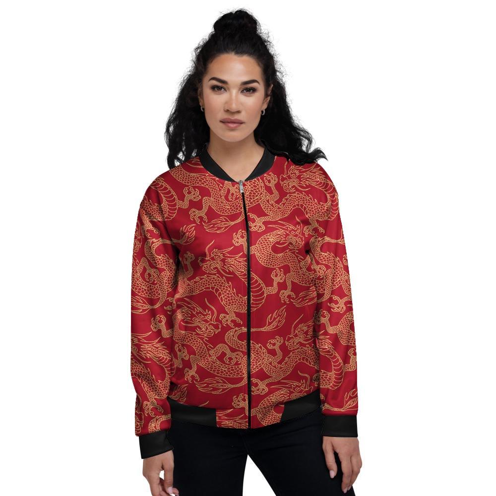 Red Oriental Chinese Dragon Women's Bomber Jacket-grizzshop