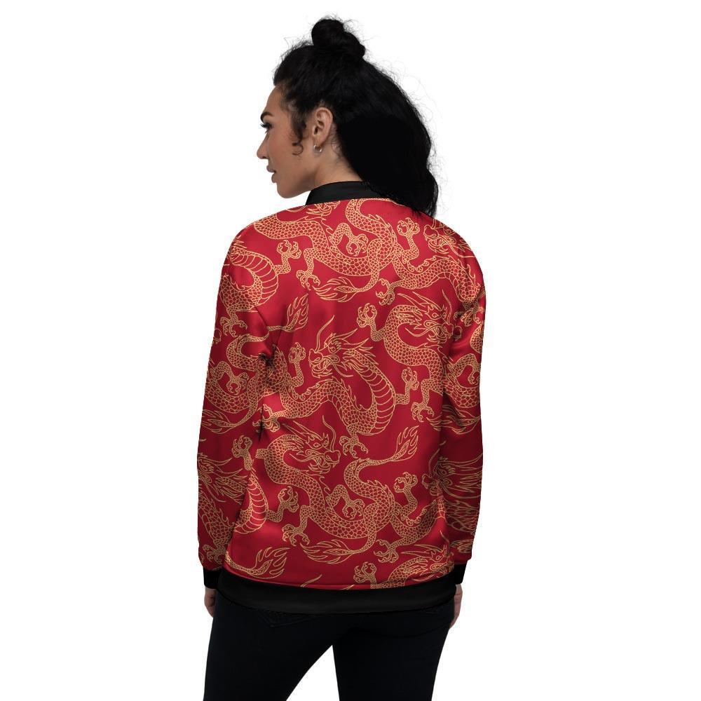 Red Oriental Chinese Dragon Women's Bomber Jacket-grizzshop