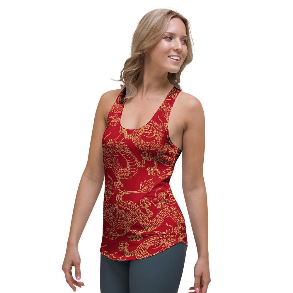 Red Oriental Chinese Dragon Women's Racerback Tank Top-grizzshop