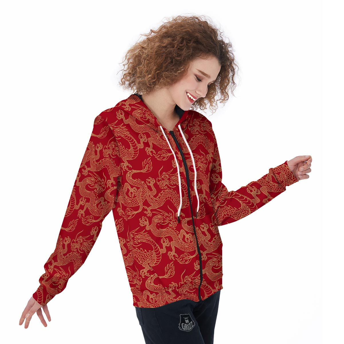 Red Oriental Chinese Dragon Women's Zip Up Hoodie-grizzshop