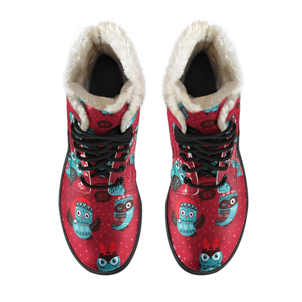 Red Owl Christmas Pattern Print Comfy Winter Boots-grizzshop