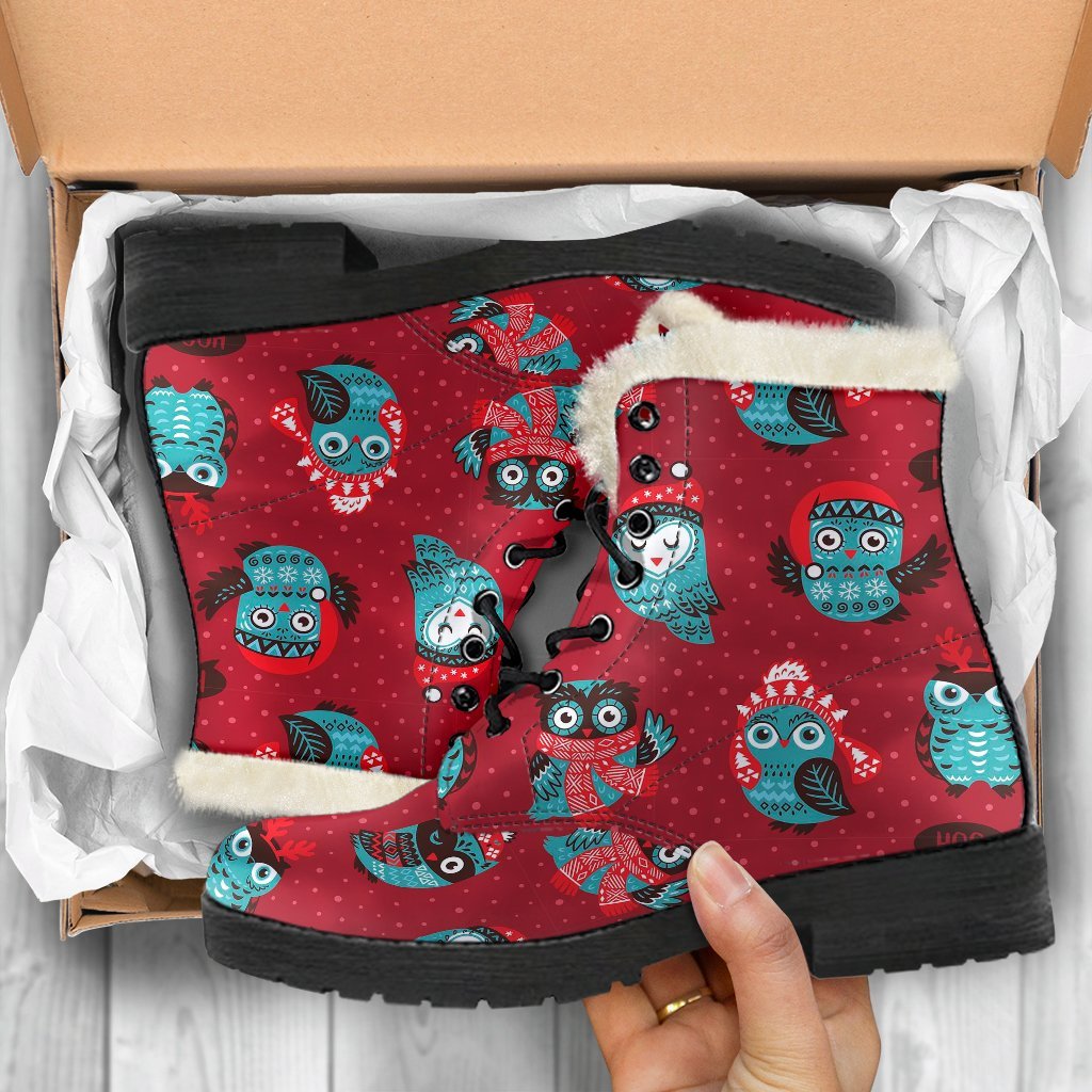 Red Owl Christmas Pattern Print Comfy Winter Boots-grizzshop