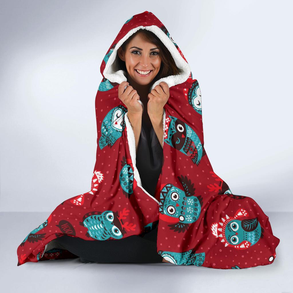 Red Owl Christmas Pattern Print Hooded Blanket-grizzshop