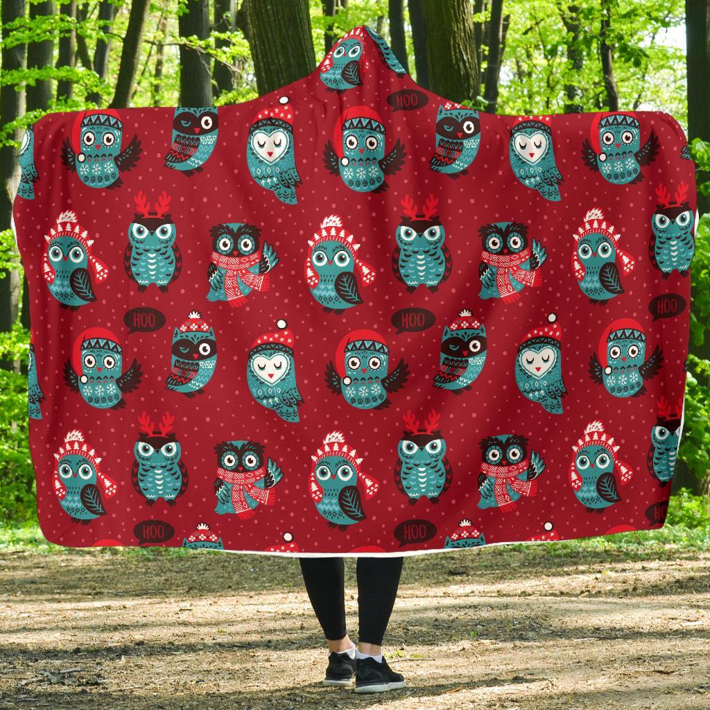 Red Owl Christmas Pattern Print Hooded Blanket-grizzshop