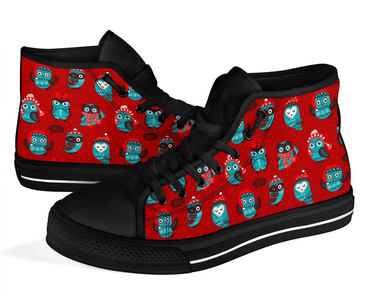 Red Owl Christmas Pattern Print Men Women's High Top Shoes-grizzshop