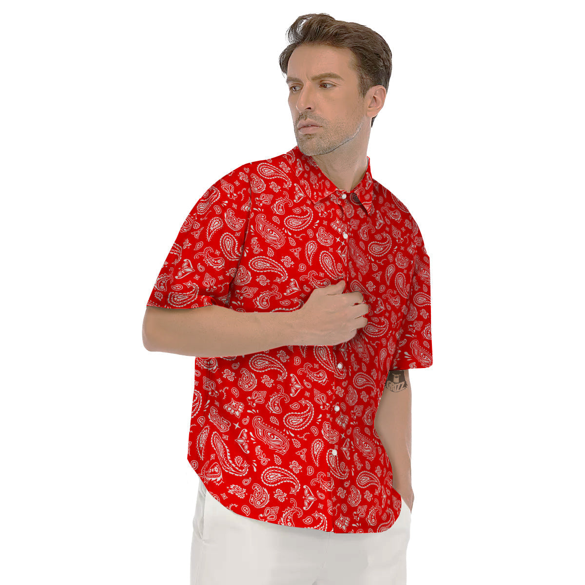 Red Paisley Bandana Print Men's Short Sleeve Shirts-grizzshop