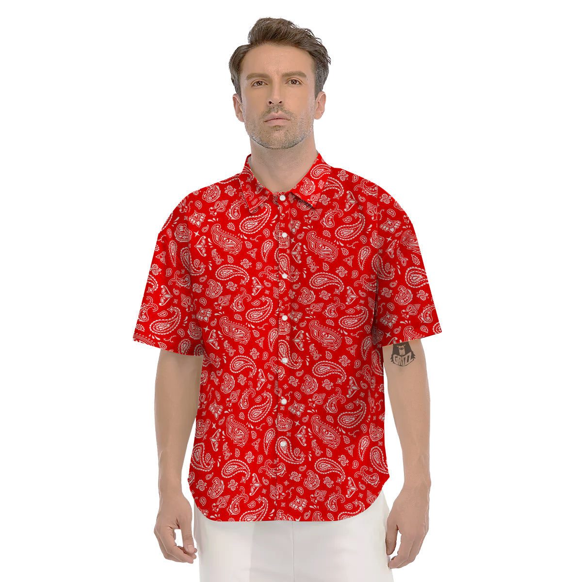Red Paisley Bandana Print Men's Short Sleeve Shirts-grizzshop
