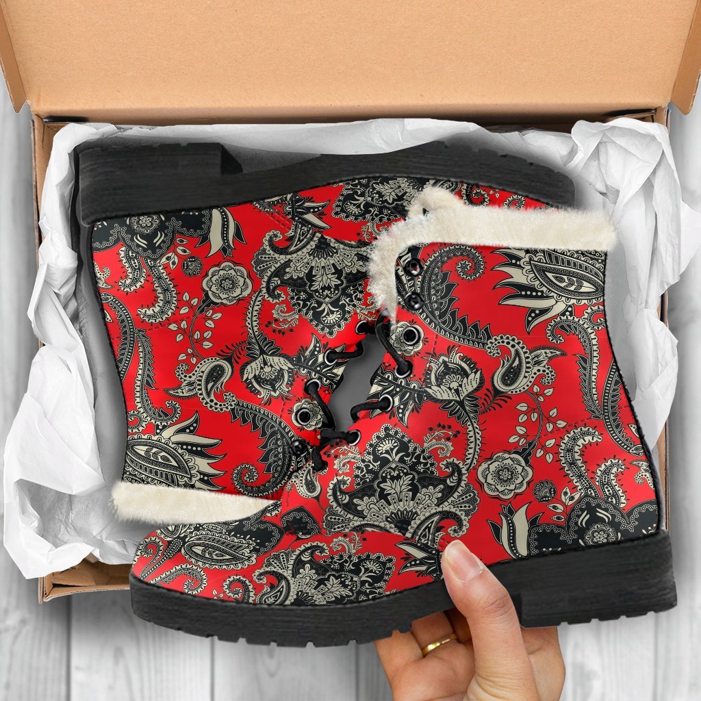 Red Paisley Pattern Print Comfy Winter Boots-grizzshop