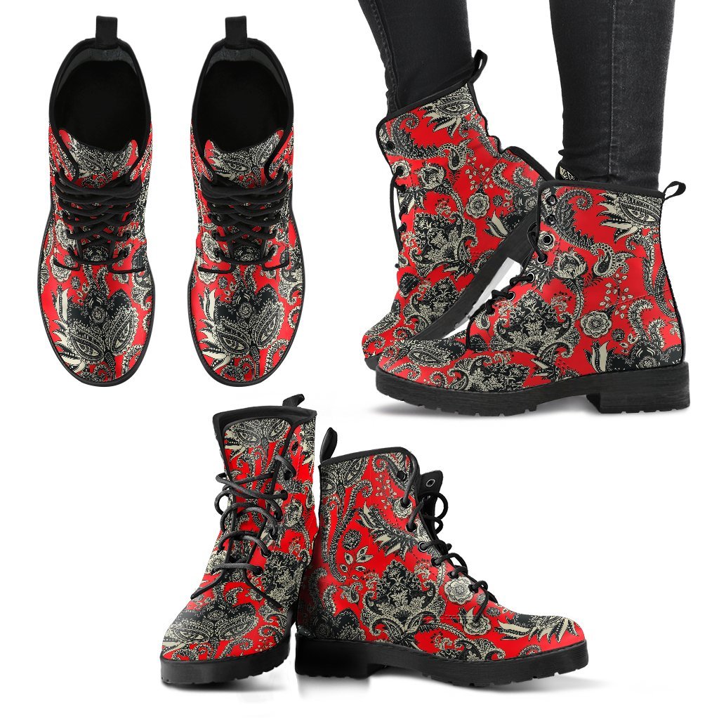 Red Paisley Pattern Print Men Women Leather Boots-grizzshop