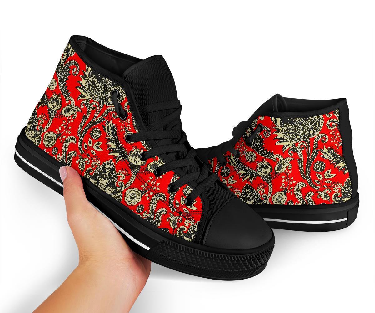 Red Paisley Pattern Print Men Women's High Top Shoes-grizzshop