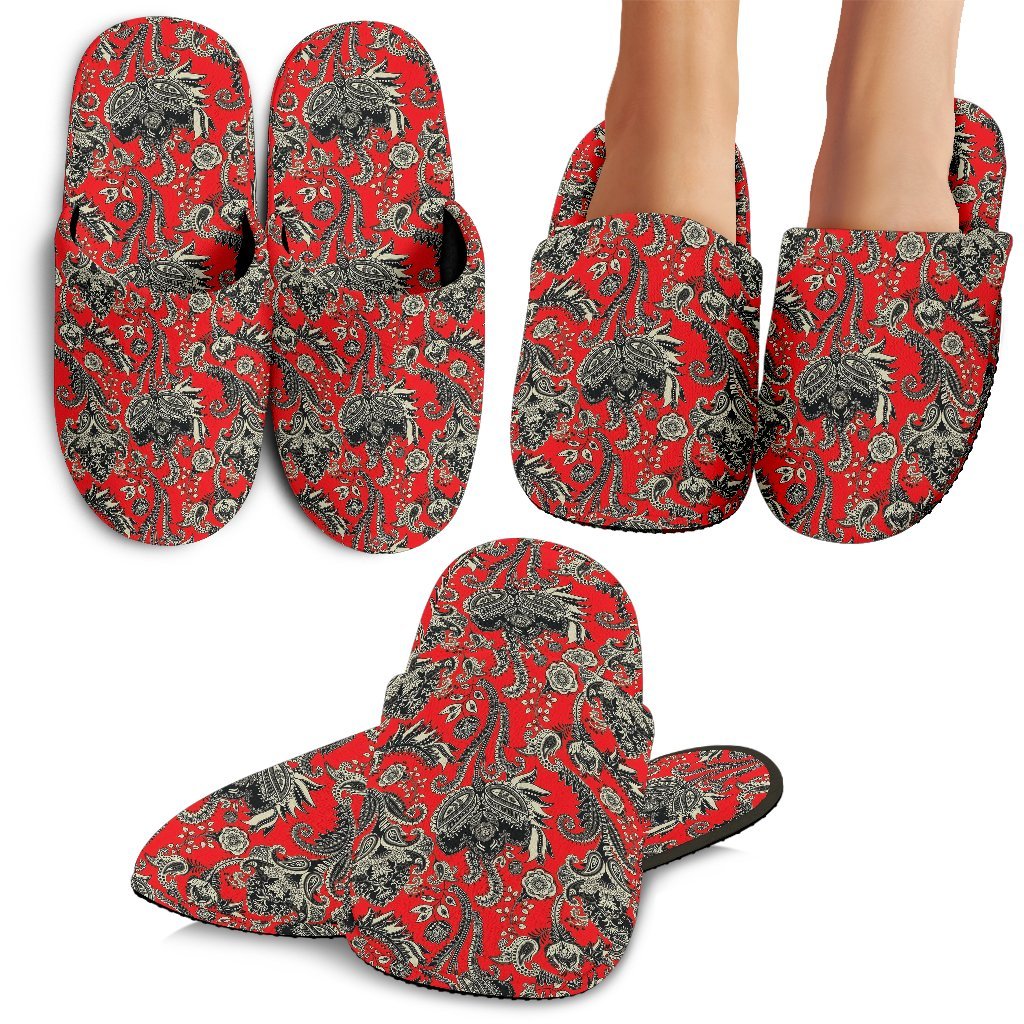 Red Paisley Pattern Print Premium Home Slippers-grizzshop
