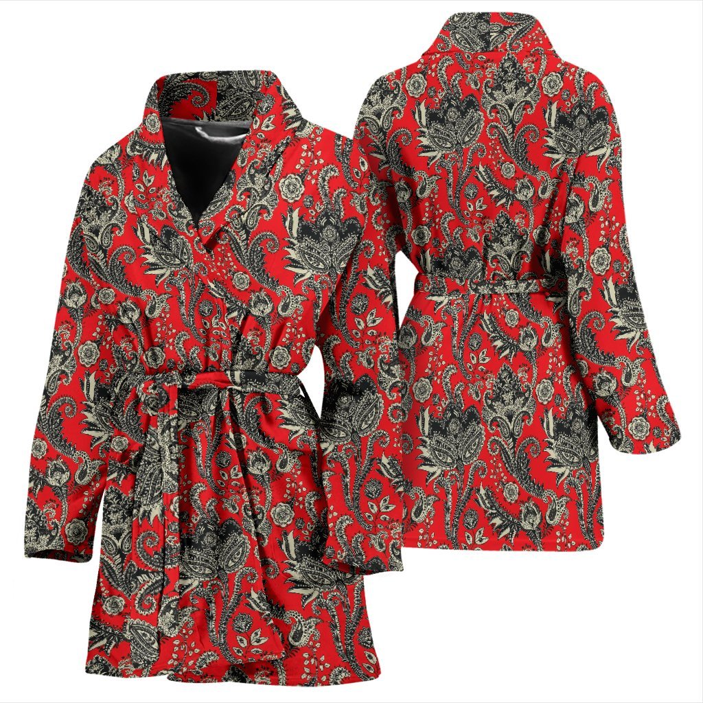 Red Paisley Pattern Print Women Long Robe-grizzshop