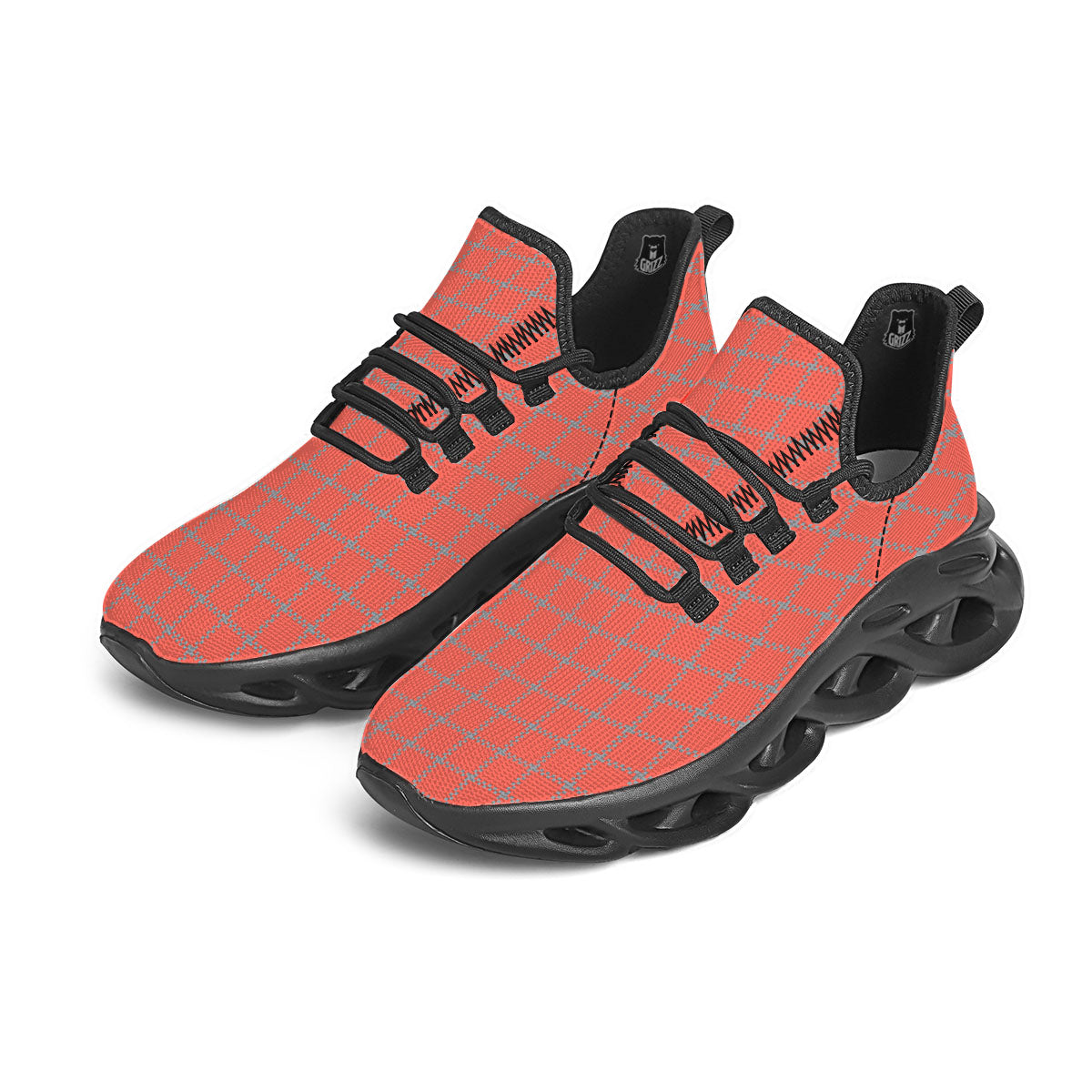 Red Pastel And Grey Tattersall Print Black Running Shoes-grizzshop