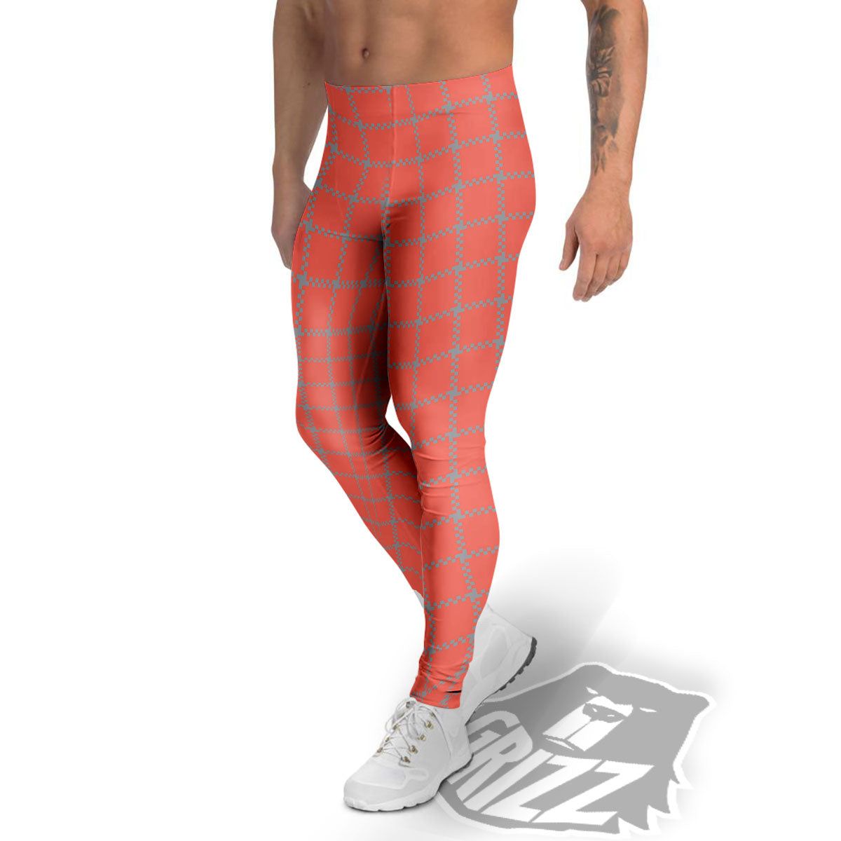 Red Pastel And Grey Tattersall Print Men's Leggings-grizzshop