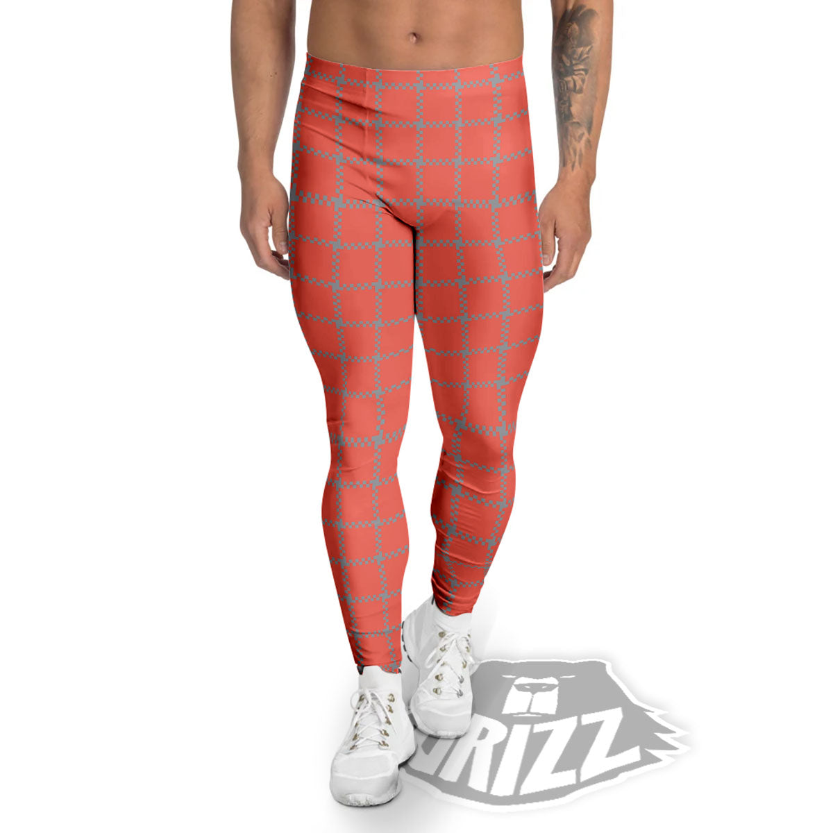 Red Pastel And Grey Tattersall Print Men's Leggings-grizzshop