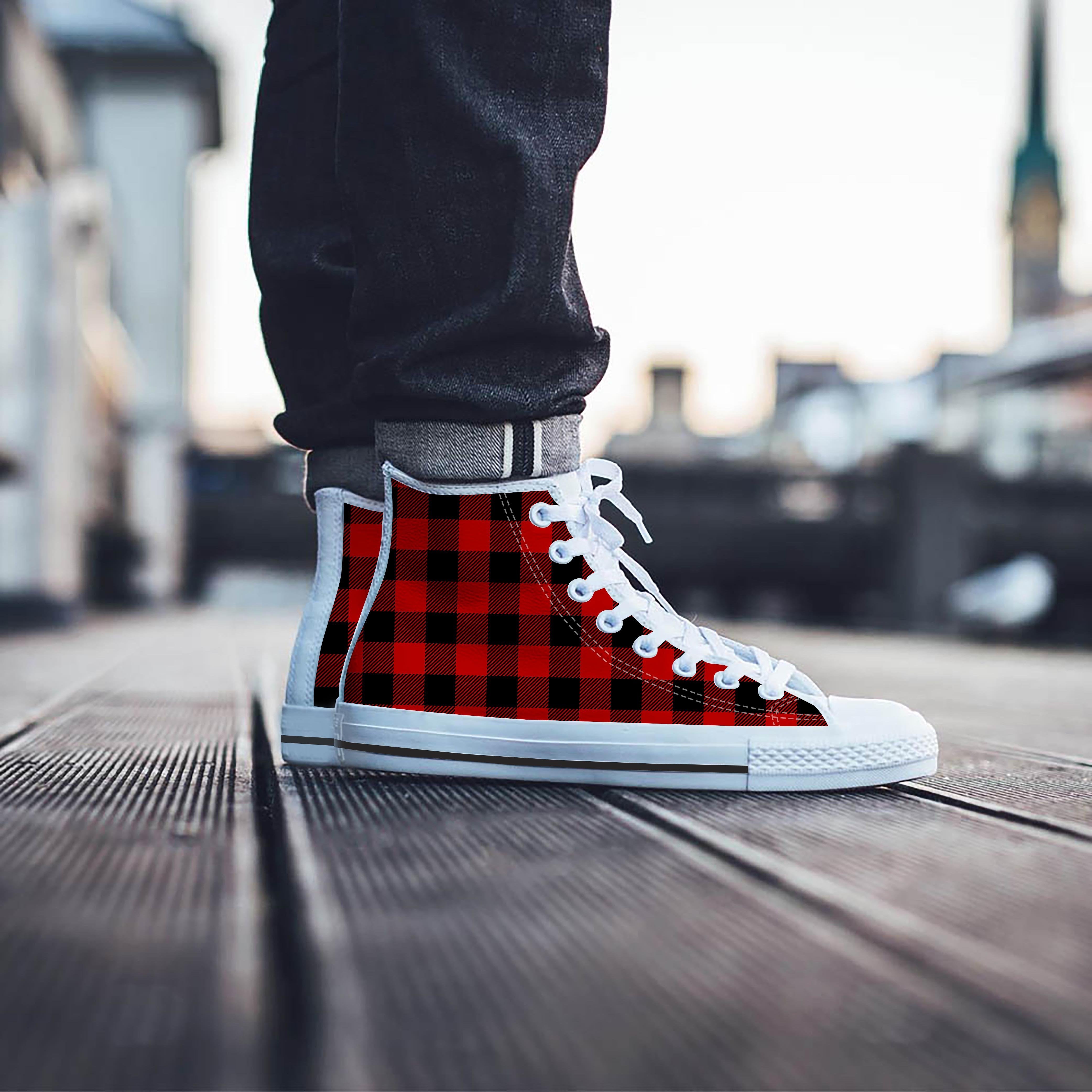 Red Plaid Men's High Top Shoes-grizzshop