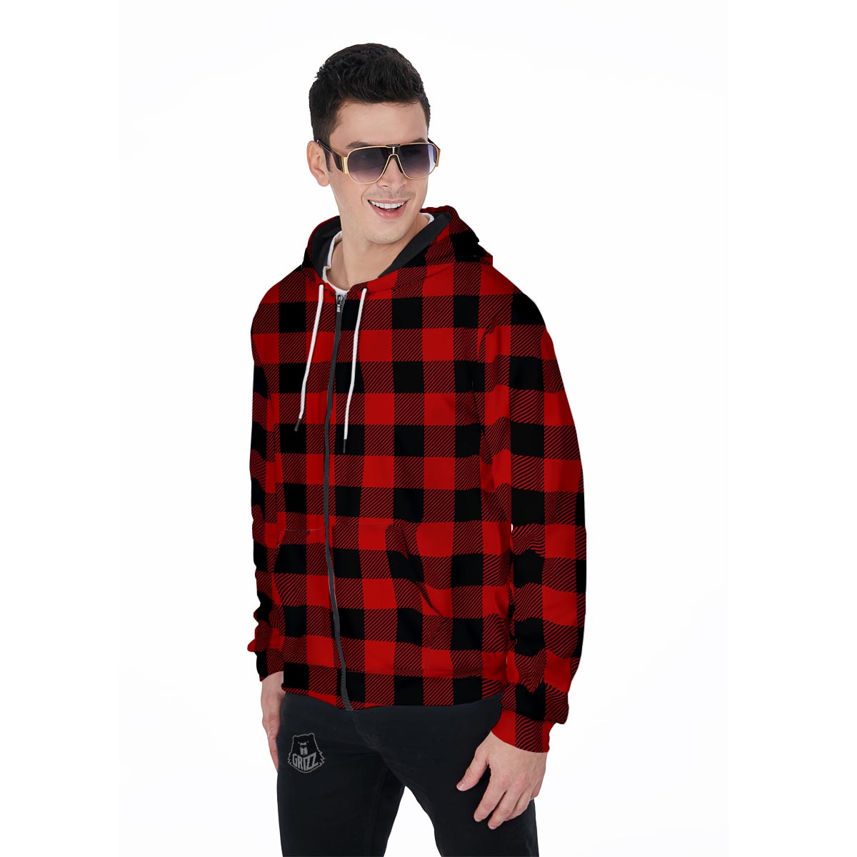 Red Plaid Men's Zip Up Hoodie-grizzshop