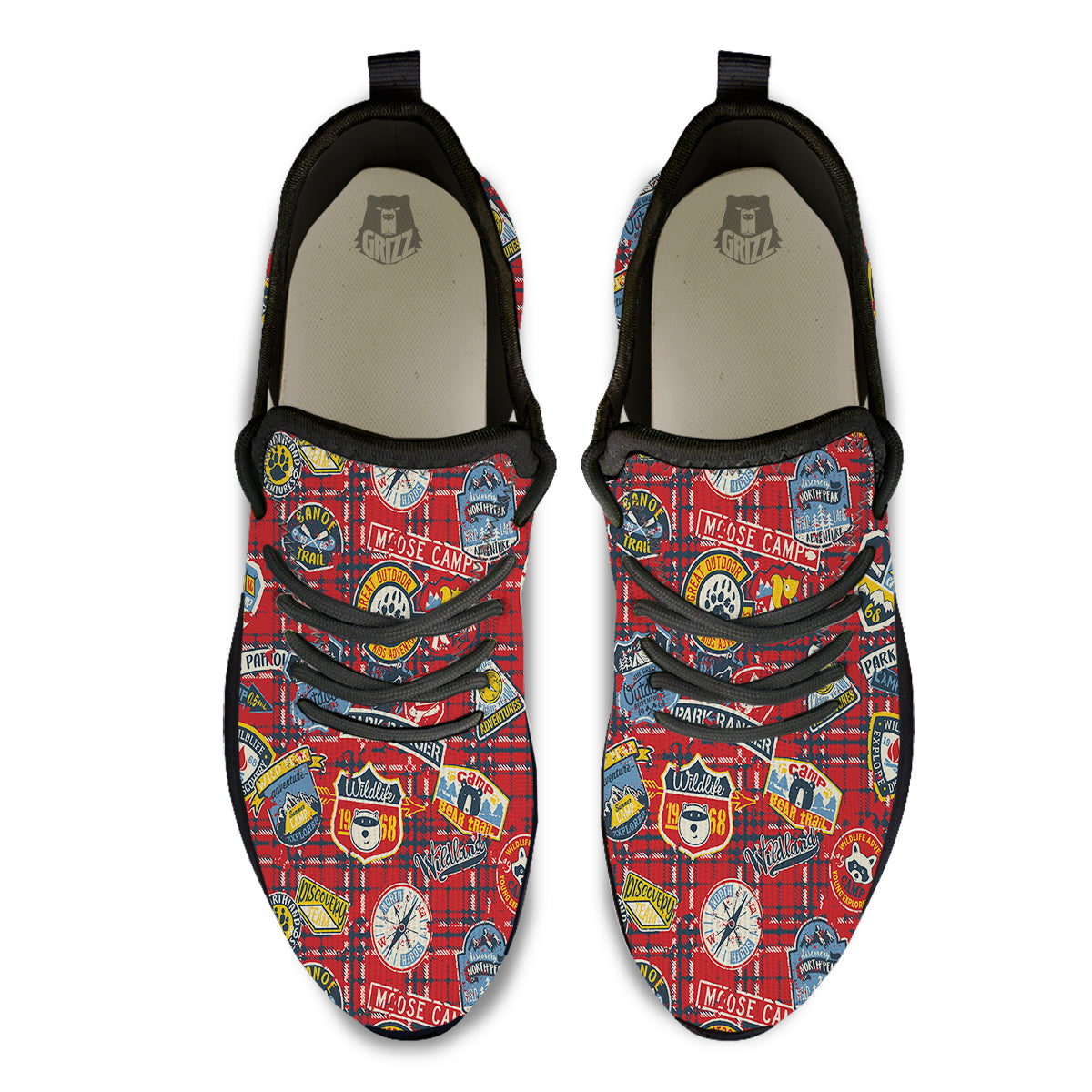 Red Plaid Mountain Camp Tartan Print Black Athletic Shoes-grizzshop