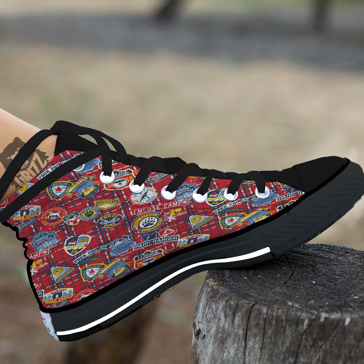 Red Plaid Mountain Camp Tartan Print Black High Top Shoes-grizzshop