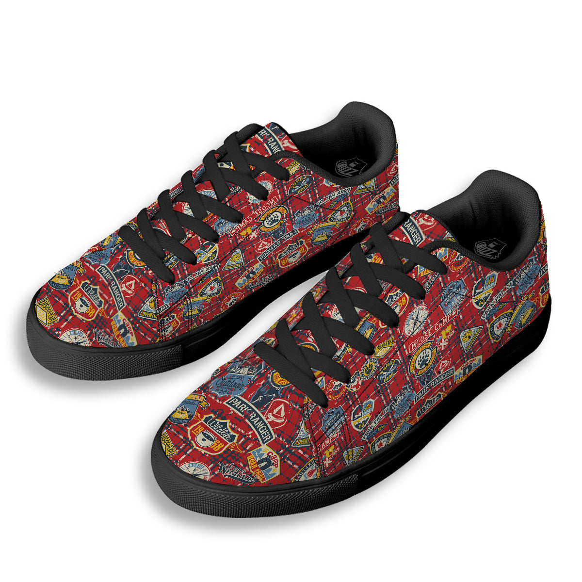 Red Plaid Mountain Camp Tartan Print Black Low Top Sneakers-grizzshop