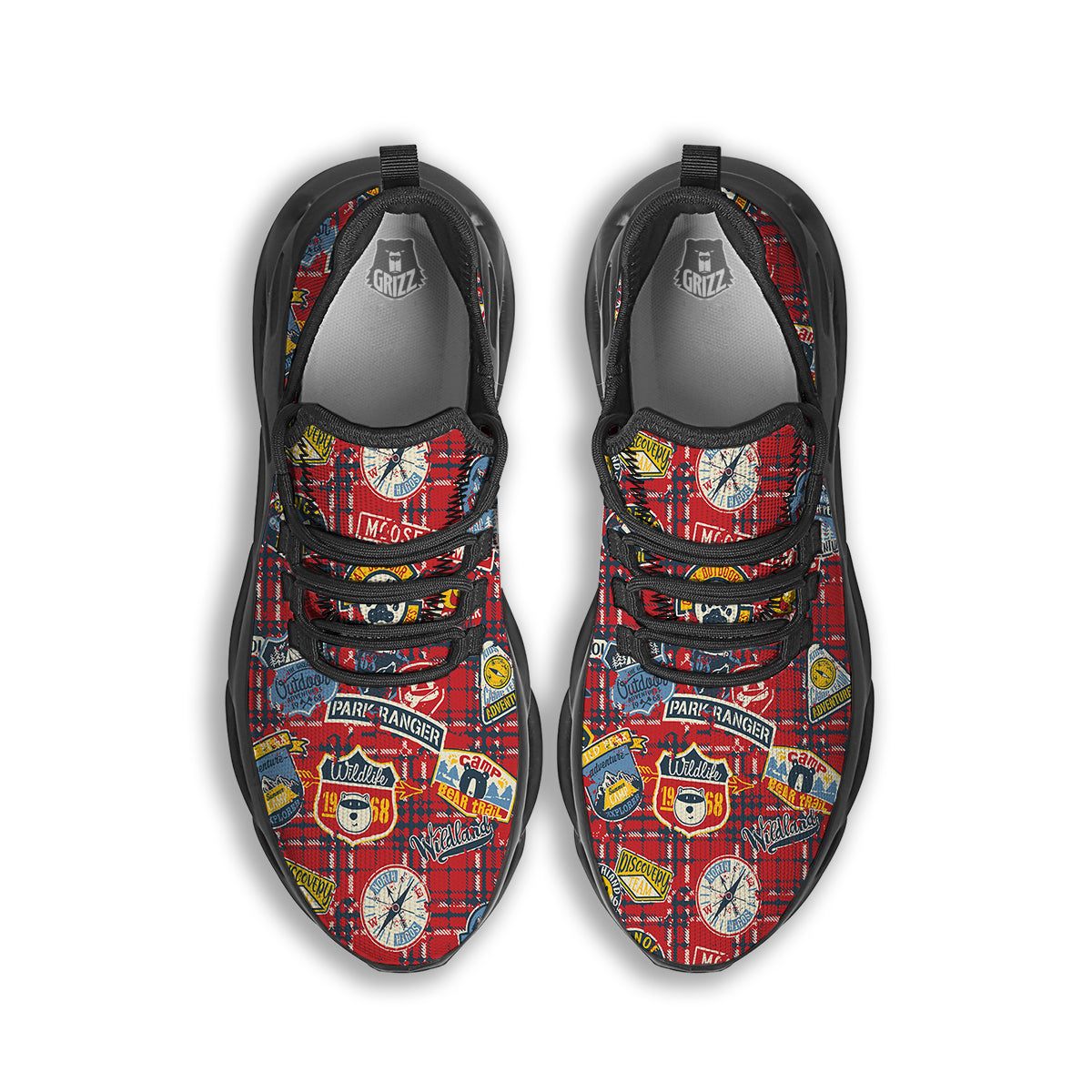 Red Plaid Mountain Camp Tartan Print Black Running Shoes-grizzshop