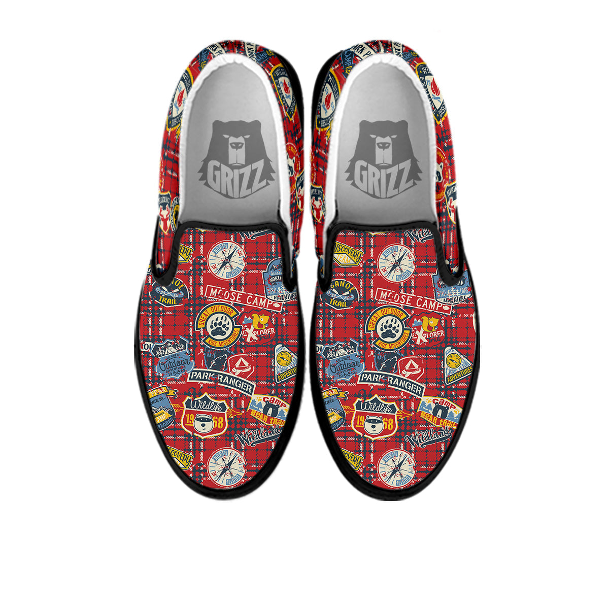 Red Plaid Mountain Camp Tartan Print Black Slip On Shoes-grizzshop
