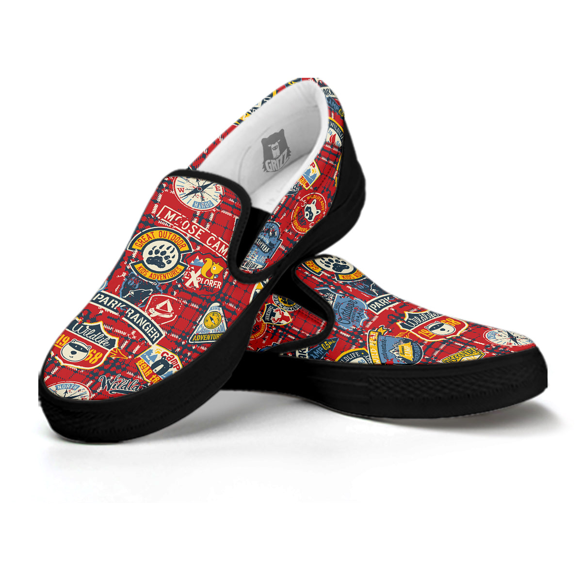 Red Plaid Mountain Camp Tartan Print Black Slip On Shoes-grizzshop